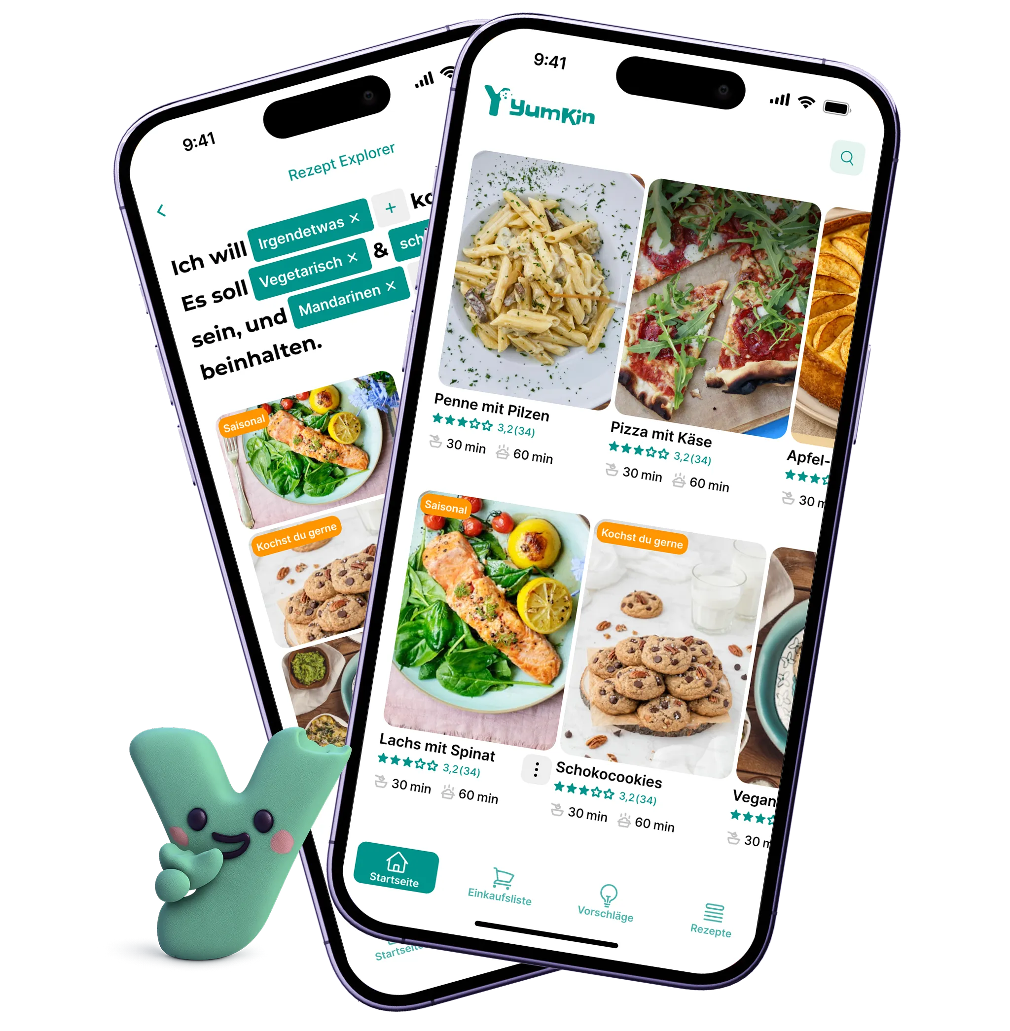 Yumkin recipe discovery screens with preference filters and the Yummy mascot