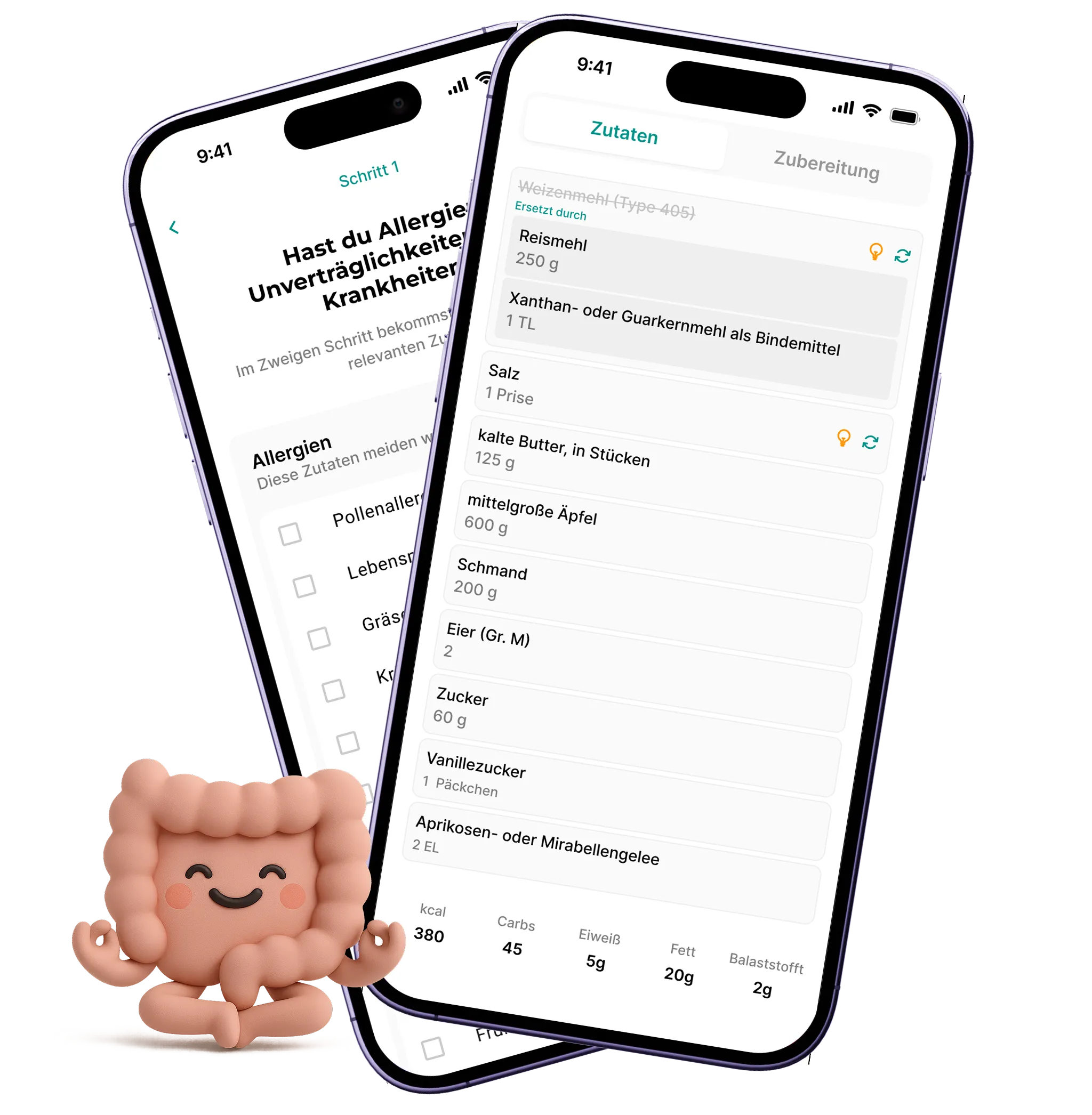 Yumkin dietary-profile onboarding and an ingredient list showing a substitution